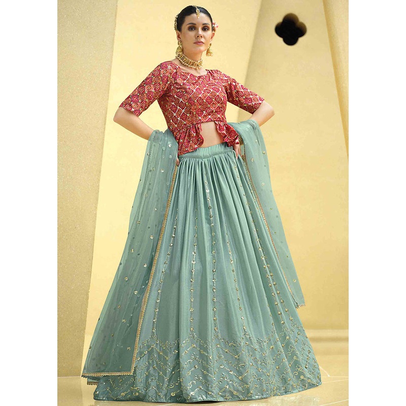 Sky Blue Semi Stitched Blended Silk Lehenga Choli Set With Dupatta - JD986596464