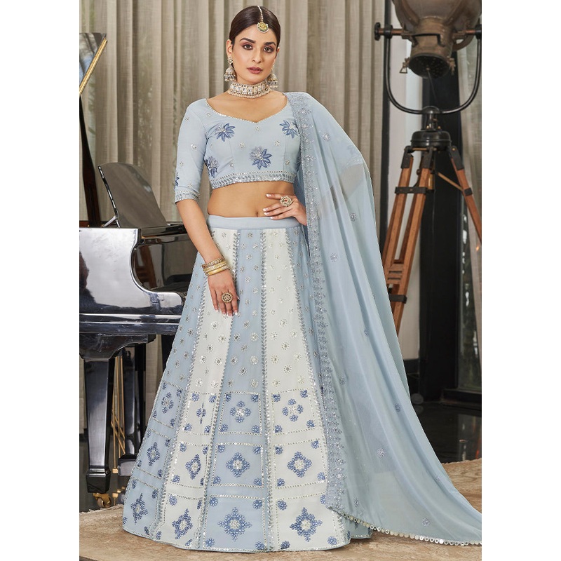 Sky Blue Semi Stitched Lehenga Choli Set With Dupatta - JD986596183
