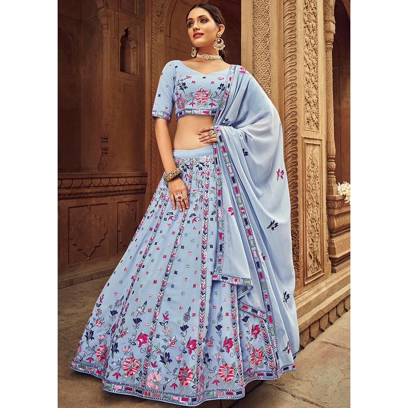 Sky Blue Semi Stitched Lehenga Choli Set With Dupatta - JD986596198
