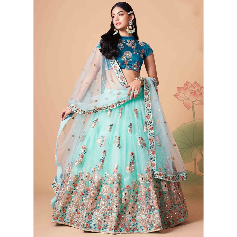 Sky Blue Semi Stitched Net Embroidered Lehenga Choli Set With Dupatta - JD986596417