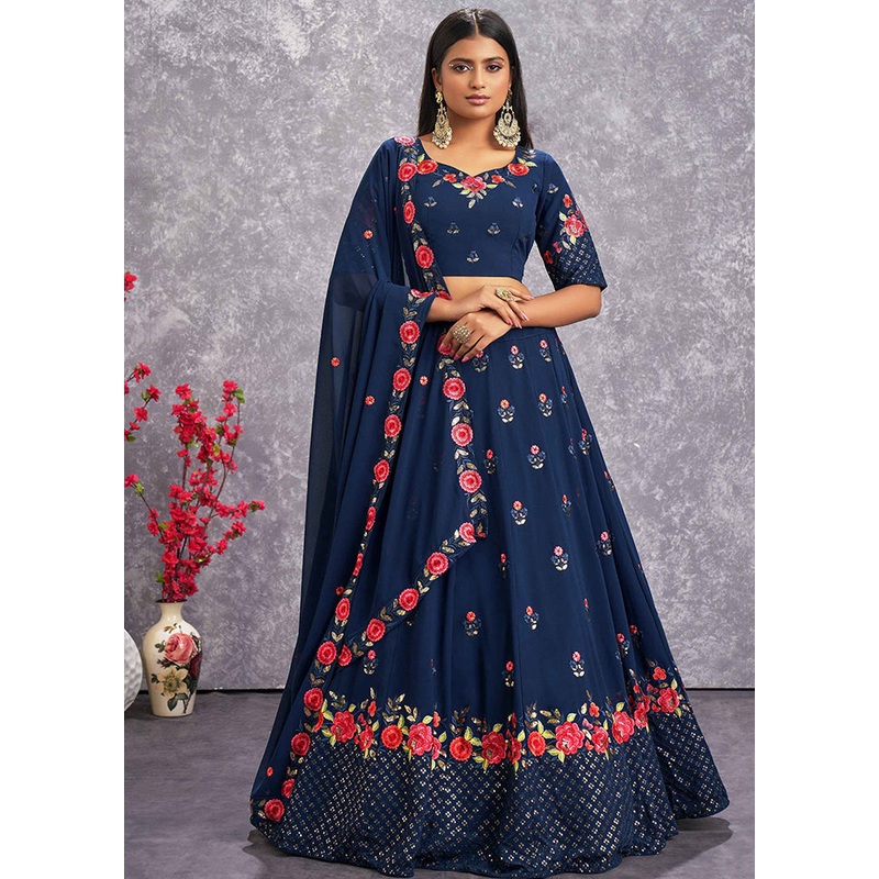 Teal Blue Semi Stitched Blended Georgette Lehenga Choli Set With Dupatta - JD986596282