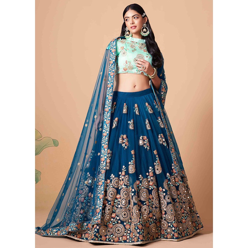 Teal Blue Semi Stitched Net Embroidered Lehenga Choli Set With Dupatta - JD986596416
