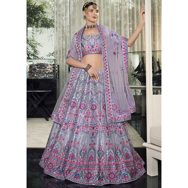 Violet Semi Stitched Silk Sequence Embroidered Lehenga Choli - JD986596216
