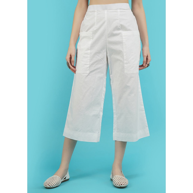 White Cotton Solid Flared Trouser - JD986596165