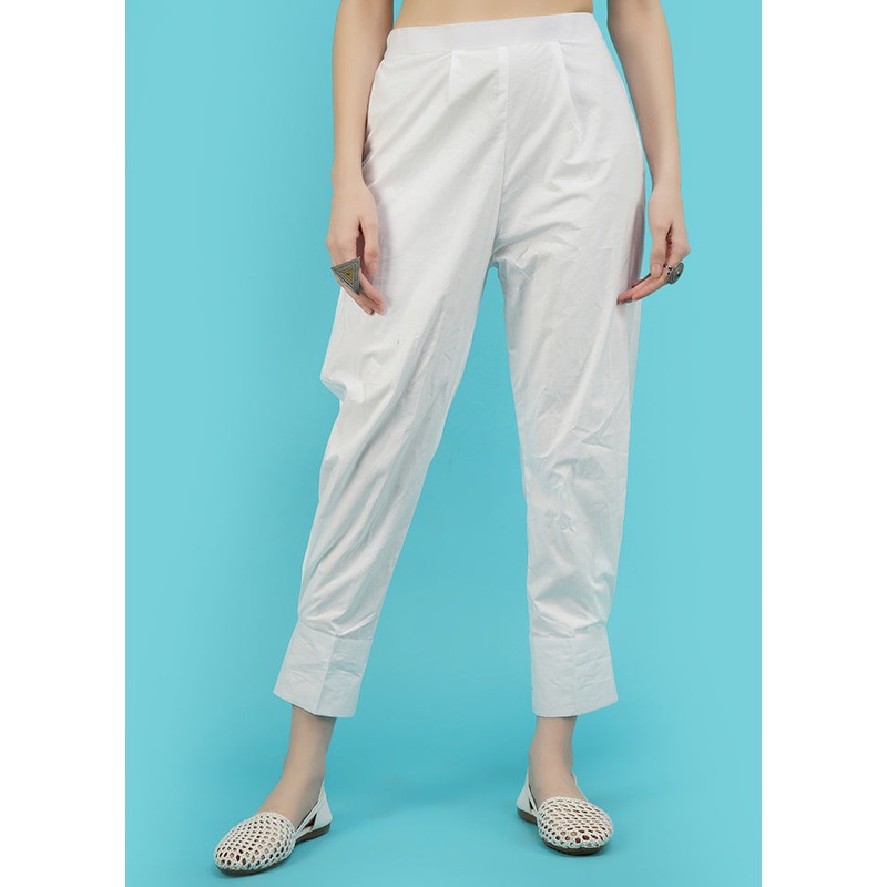 White Cotton Solid Parallel Trouser - JD986596166