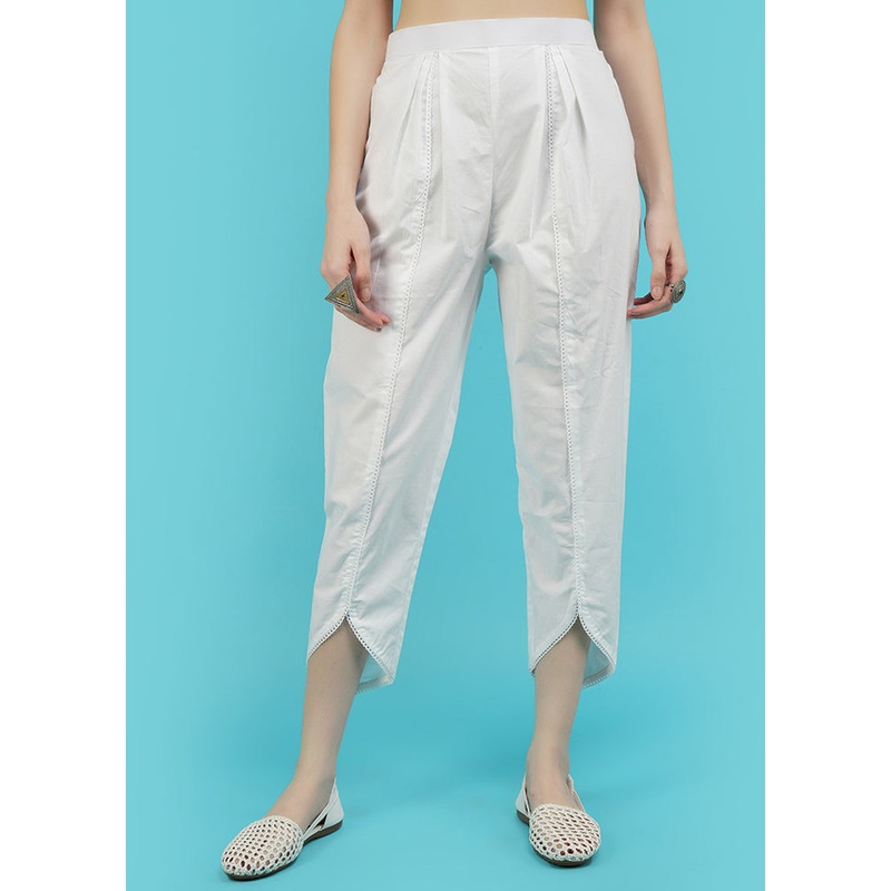 White Cotton Solid Trouser - JD986596167