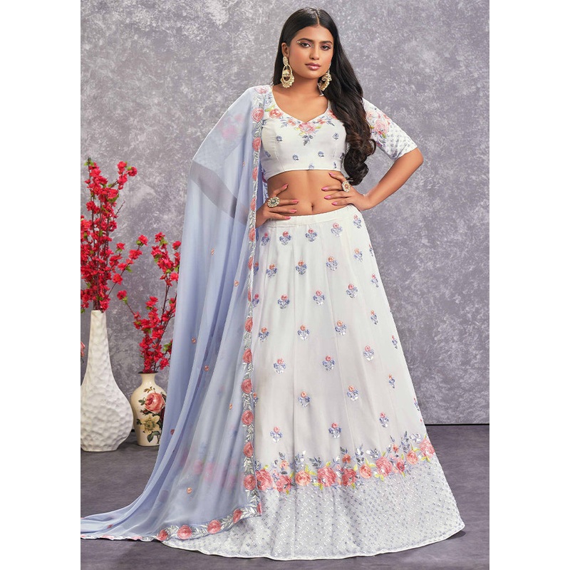 White Semi Stitched Blended Georgette Lehenga Choli Set With Dupatta - JD986596280