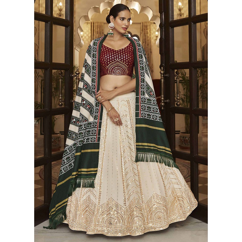 White Semi Stitched Blended Georgette Lehenga Choli Set With Dupatta - JD986596286