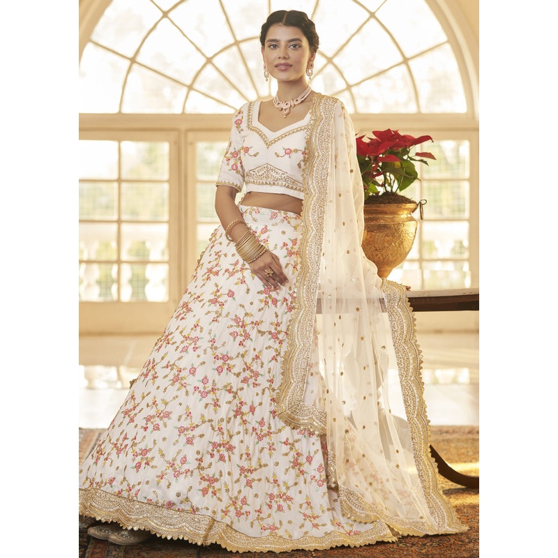 White Semi Stitched Silk Lehenga Choli Set - JD986596451