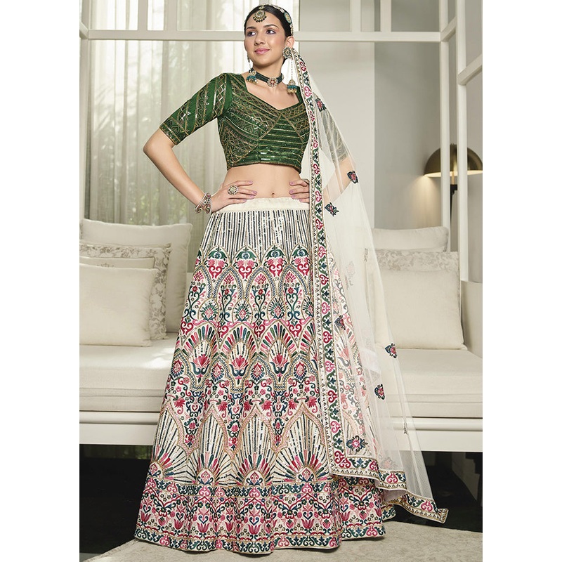 White Semi Stitched Silk Sequence Embroidered Lehenga Choli - JD986596215