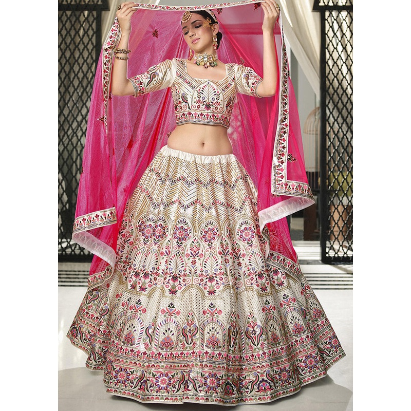 White Semi Stitched Silk Sequence Embroidered Lehenga Choli - JD986596217