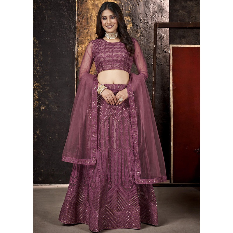 Wine Net Embroidered Semi Stitched Lehenga Choli Set - JD986596169