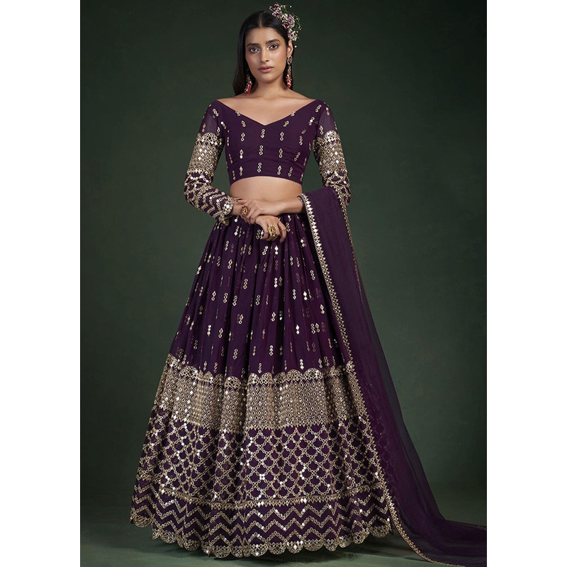 Wine Semi Stitched Embroidered Lehenga Choli Set With Dupatta - JD986596228