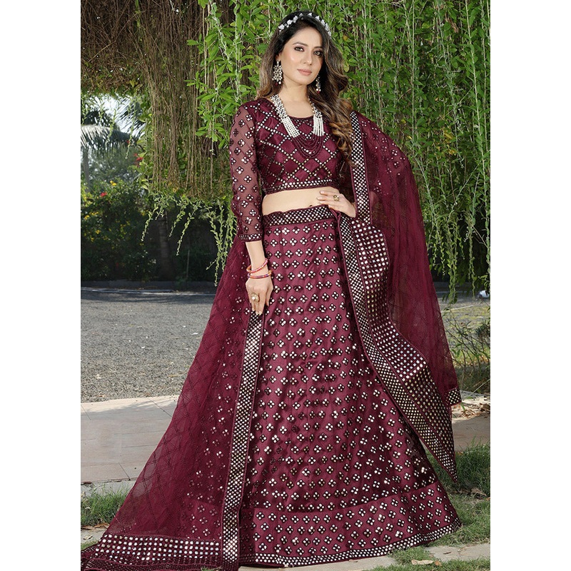 Wine Semi Stitched Net Lehenga Choli Set With Dupatta - JD986596408