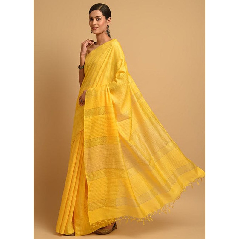 Yellow Ghicha Tussar Silk Saree With Blouse Piece - JD986596175