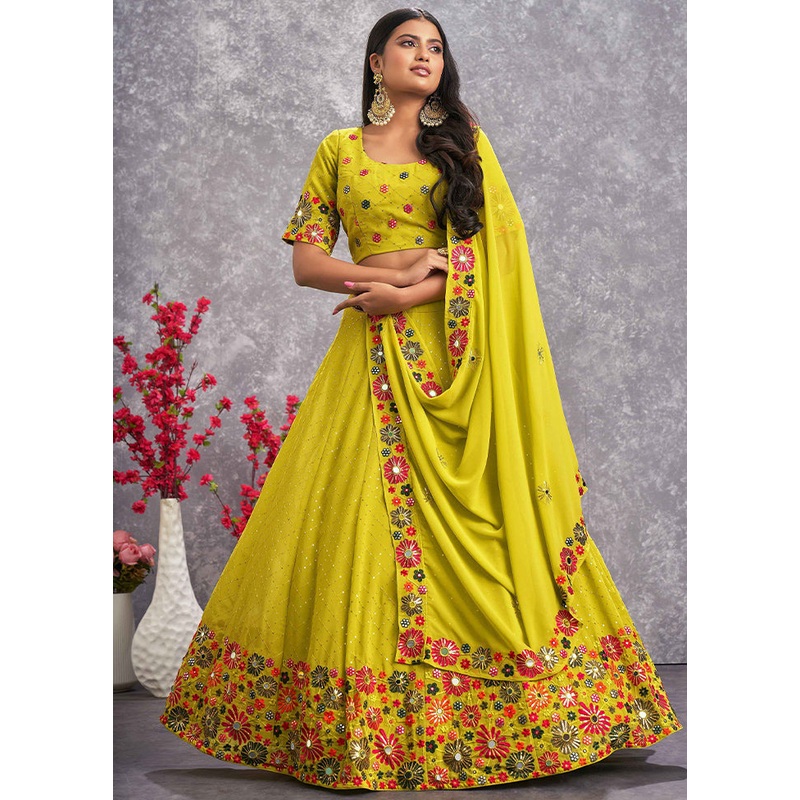Yellow Semi Stitched Blended Georgette Lehenga Choli Set With Dupatta - JD986596281