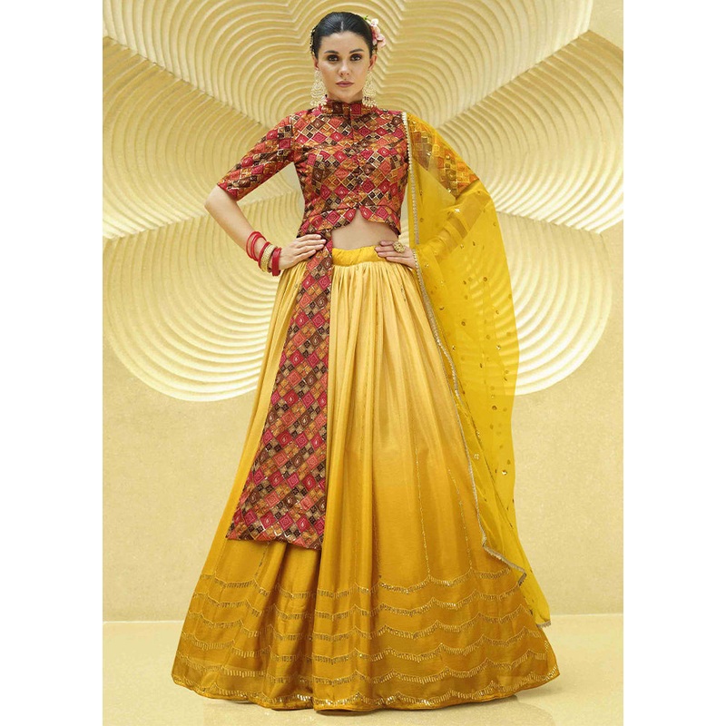 Yellow Semi Stitched Blended Silk Lehenga Choli Set With Dupatta - JD986596465