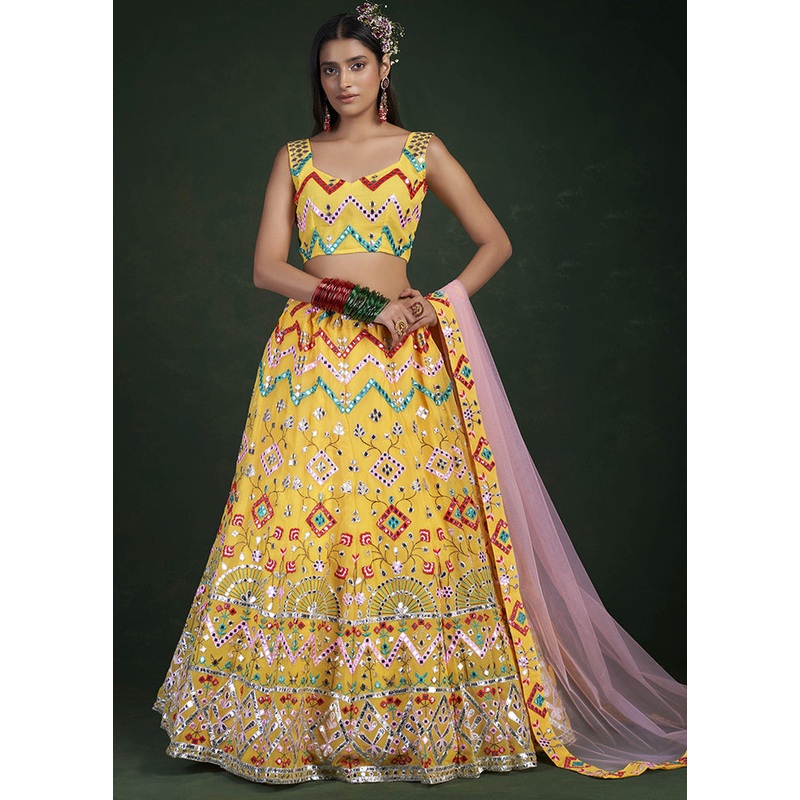 Yellow Semi Stitched Embroidered Lehenga Choli Set With Dupatta - JD986596229