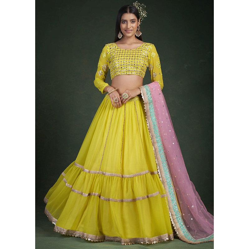 Yellow Semi Stitched Embroidered Lehenga Choli Set With Dupatta - JD986596230