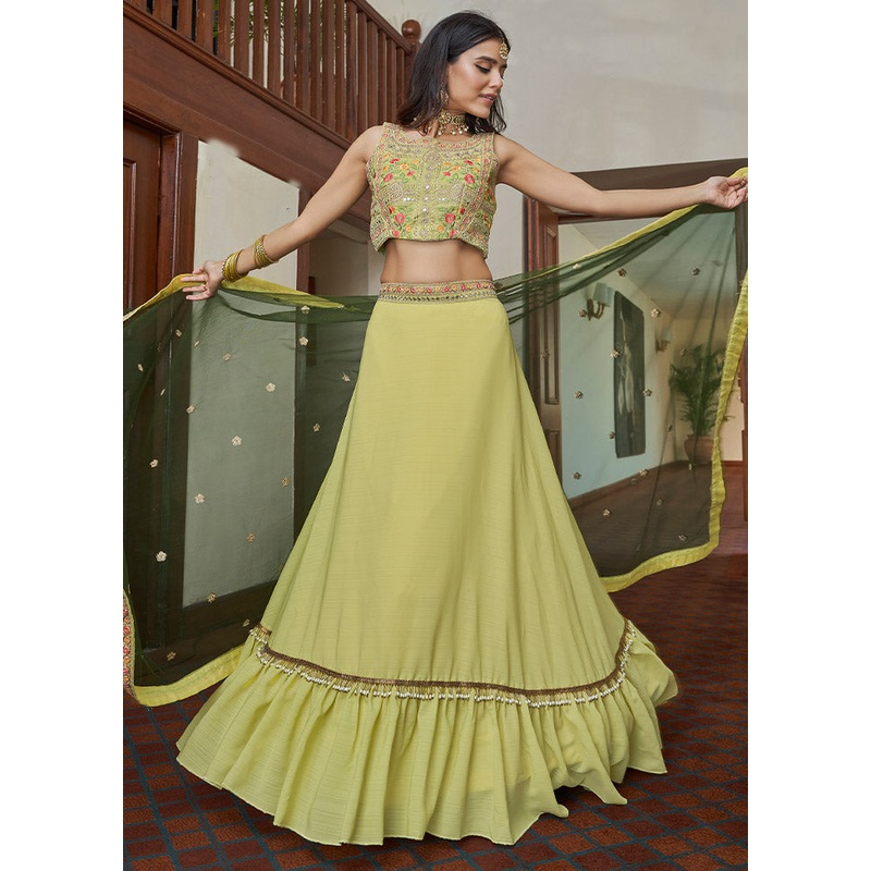 Yellow Semi Stitched Embroidered Lehenga Choli Set With Dupatta - JD986596395