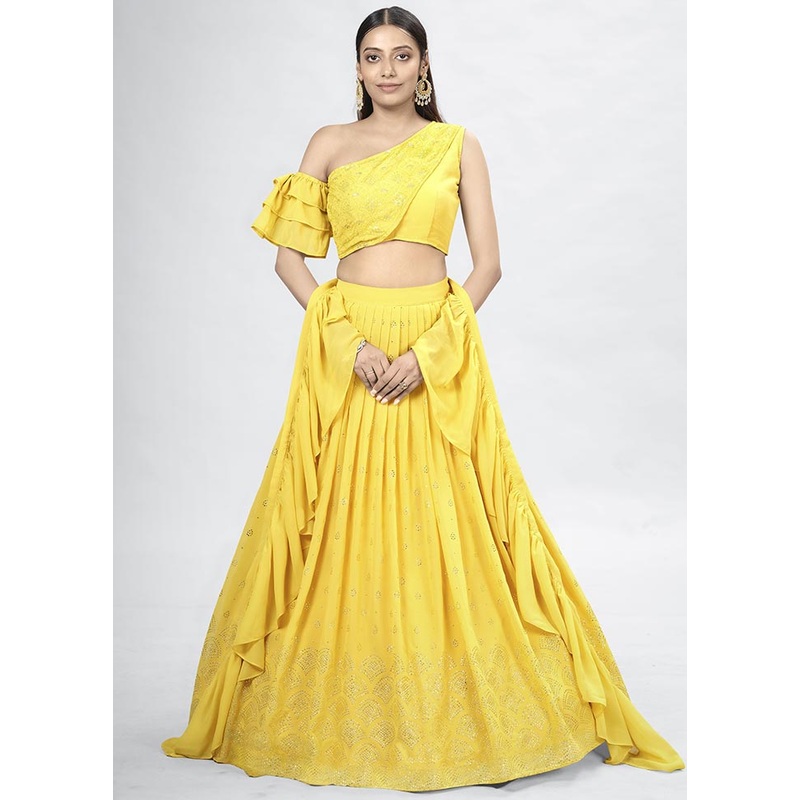 Yellow Semi Stitched Georgette Lehenga Choli Set With Dupatta - JD986596353