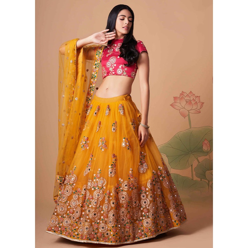 Yellow Semi Stitched Net Embroidered Lehenga Choli Set With Dupatta - JD986596421