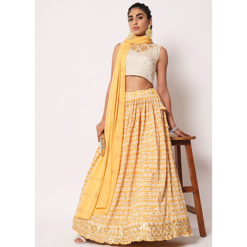 Yellow Semi Stitched Silk Embroidered Lehenga Choli Set With Dupatta - JD986596425