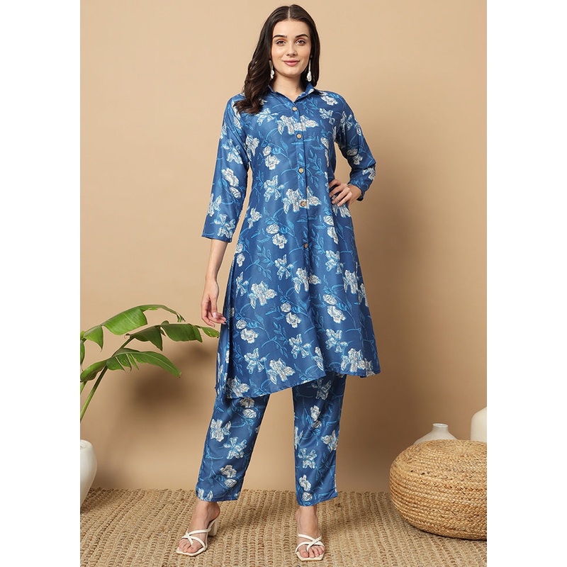 2 Pc Navy Blue Readymade Silk Coord Set - JD986596008