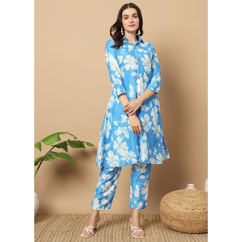 2 Pc Sky Blue Readymade Silk Coord Set - JD986596004