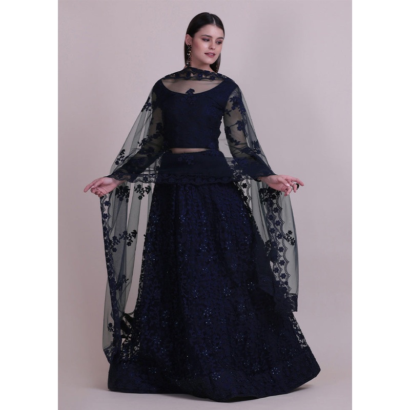 3 Pc Blue Net Semi Stitched Lehenga Set - JD986595946