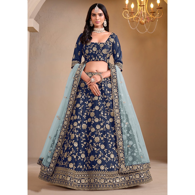 3 Pc Blue Silk Semi Stitched Lehenga Set - JD986596062