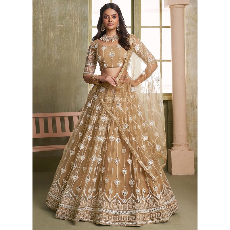 3 Pc Cream Net Semi Stitched Lehenga Set - JD986596061