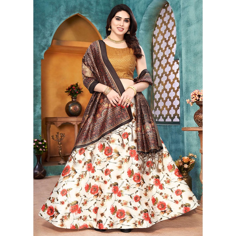 3 Pc Cream Silk Semi Stitched Lehenga Set - JD986596059
