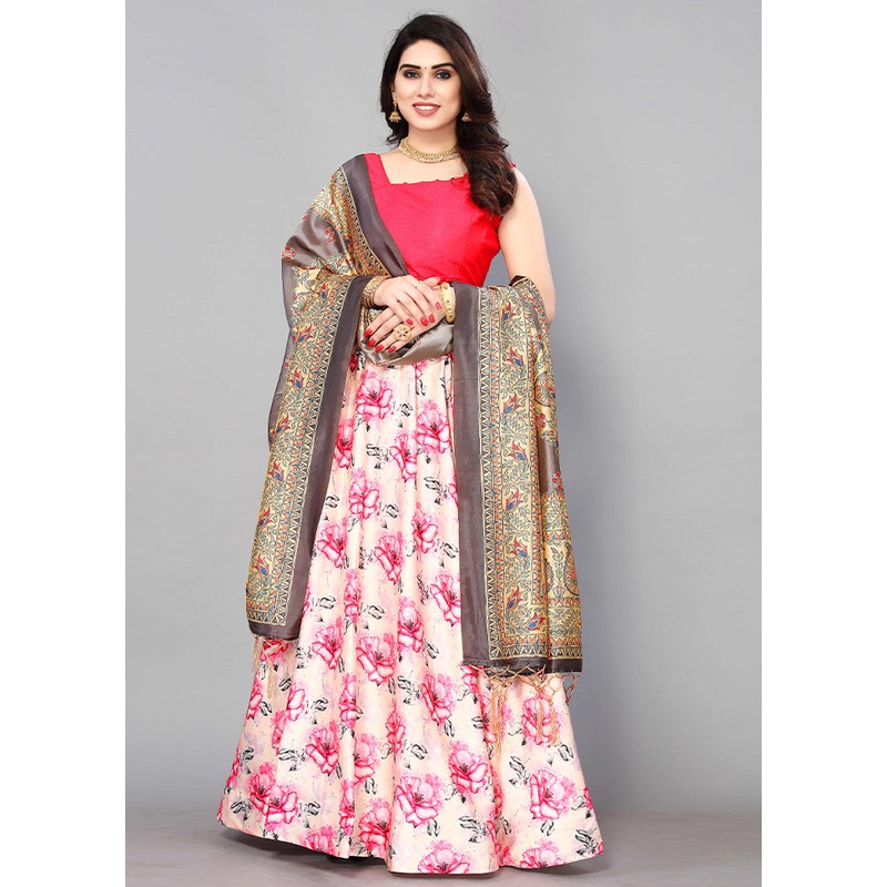 3 Pc Cream Silk Semi Stitched Lehenga Set - JD986596060