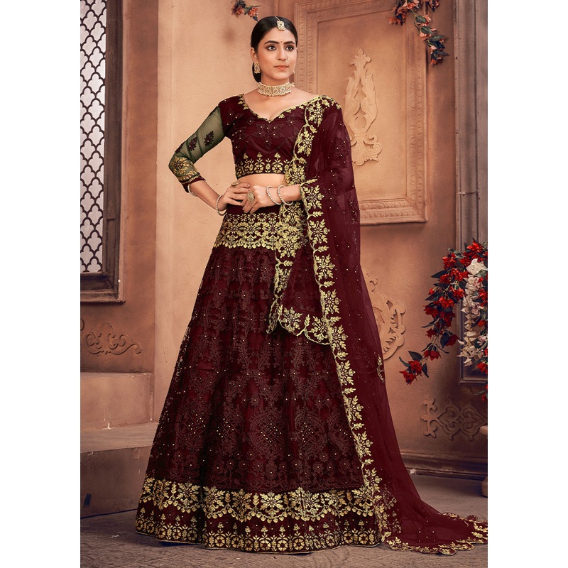 3 Pc Maroon Net Semi Stitched Lehenga Set - JD986595945