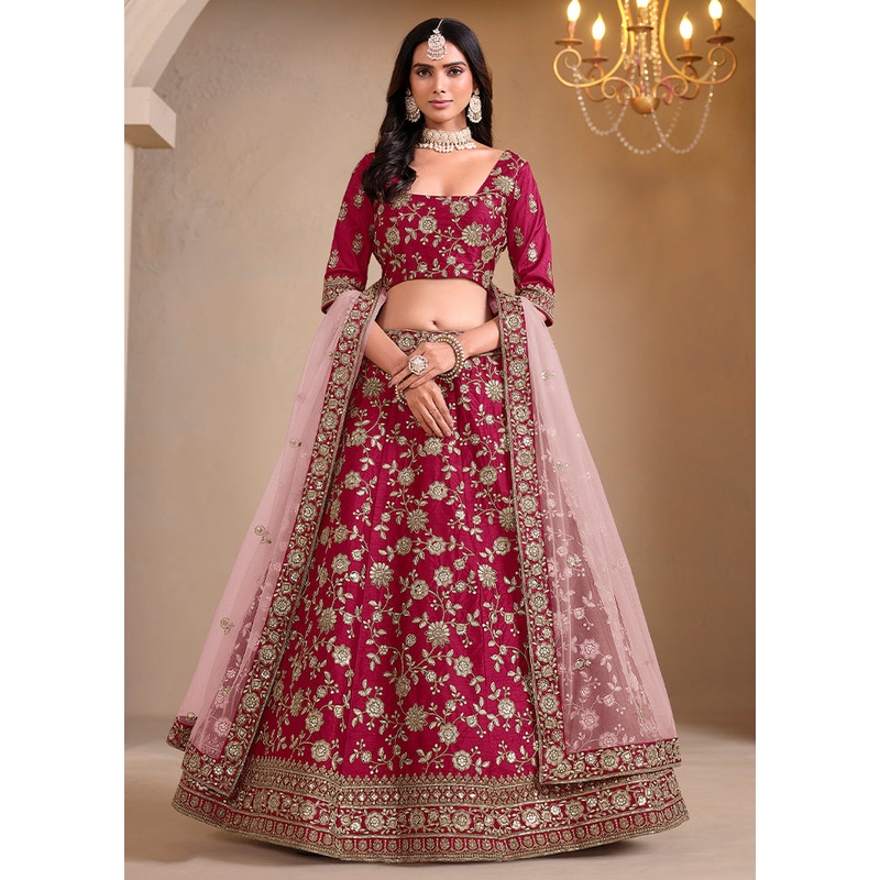3 Pc Maroon Silk Semi Stitched Lehenga Set - JD986596057