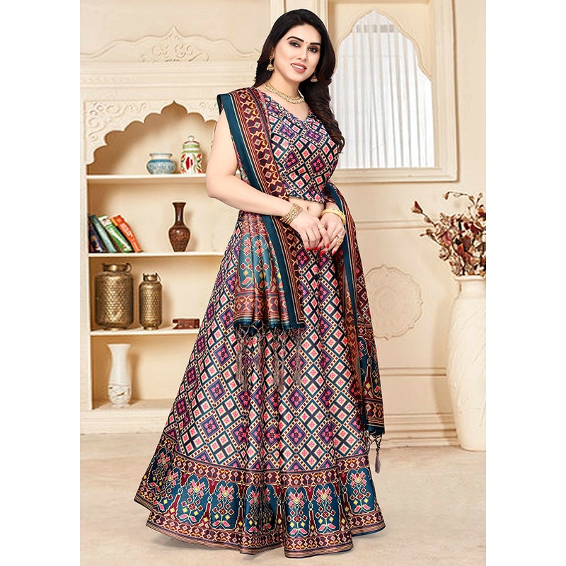 3 Pc Multicolor Silk Semi Stitched Lehenga Set - JD986596053