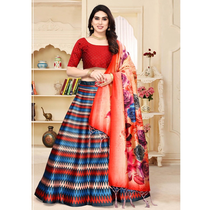 3 Pc Multicolor Silk Semi Stitched Lehenga Set - JD986596054