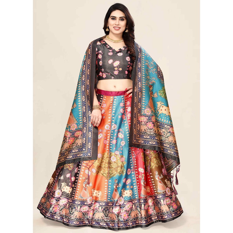 3 Pc Multicolor Silk Semi Stitched Lehenga Set - JD986596055
