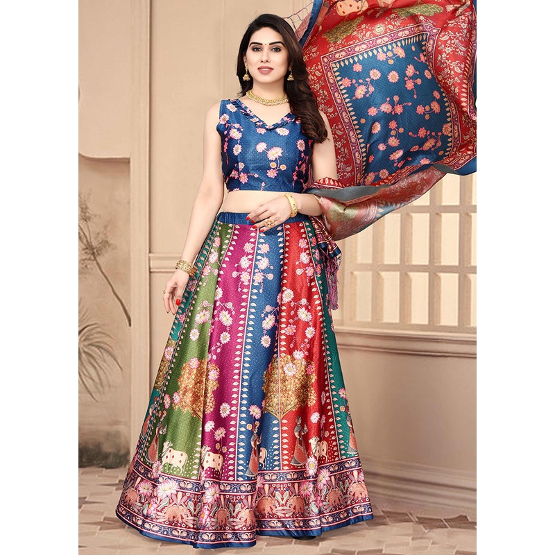 3 Pc Multicolor Silk Semi Stitched Lehenga Set - JD986596056