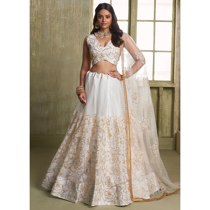 3 Pc Off White Net Semi Stitched Lehenga Set - JD986596052
