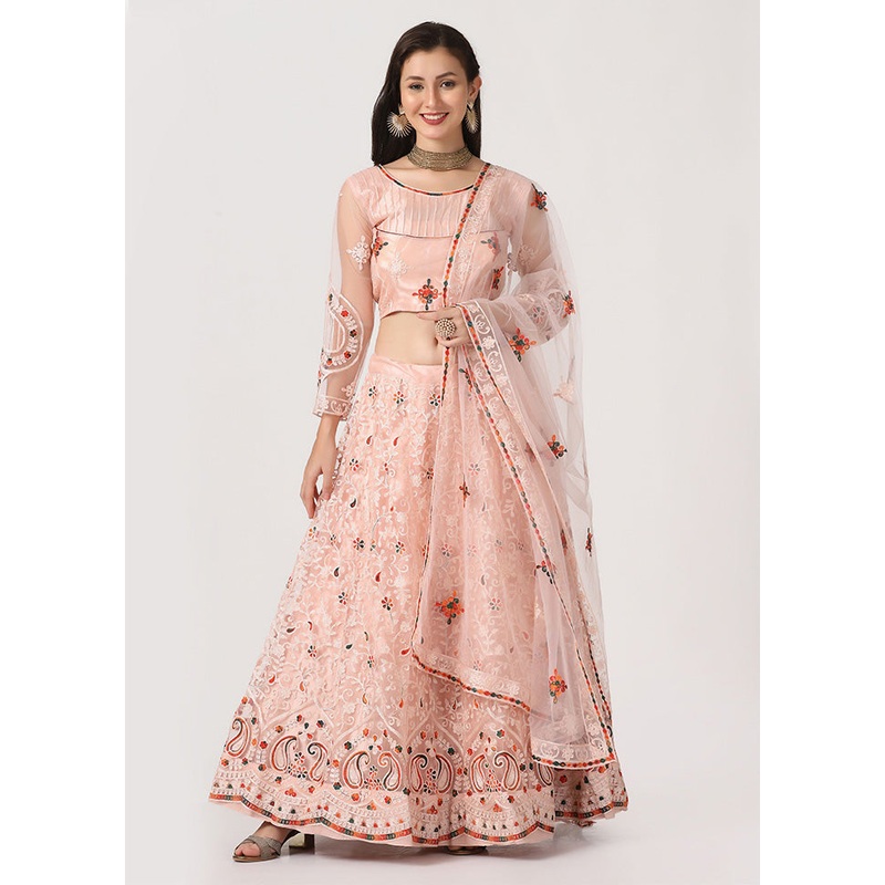 3 Pc Pink Net Semi Stitched Lehenga Set - JD986595942