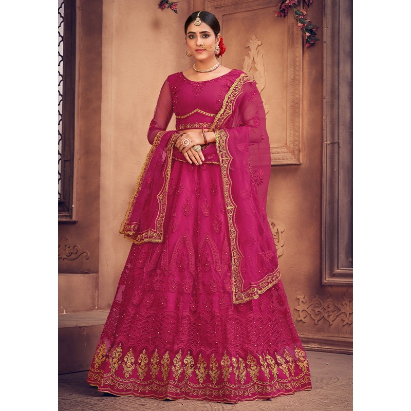 3 Pc Pink Net Semi Stitched Lehenga Set - JD986595943