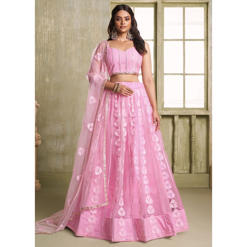 3 Pc Pink Net Semi Stitched Lehenga Set - JD986596051