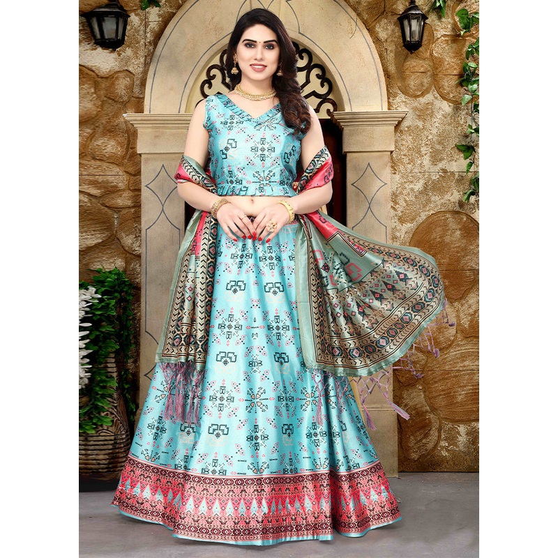 3 Pc Sky Blue Silk Semi Stitched Lehenga Set - JD986596048