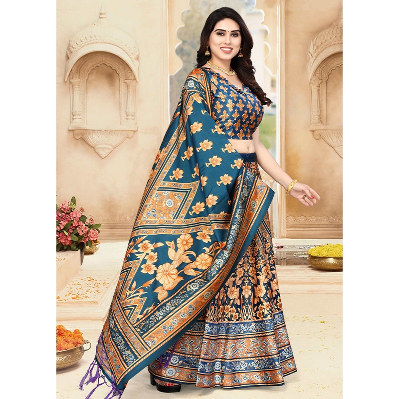 3 Pc Teal Blue Silk Semi Stitched Lehenga Set - JD986596047