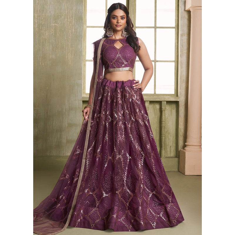 3 Pc Wine Net Semi Stitched Lehenga Set - JD986596046