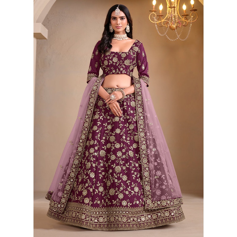 3 Pc Wine Silk Semi Stitched Lehenga Set - JD986596045