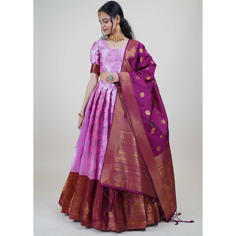 Baby Pink Silk Semi Stitched Lehenga Set - JD986596044