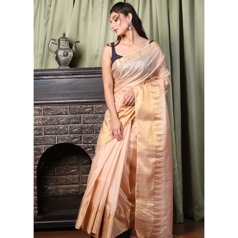 Beige Spun Silk Saree With Blouse Piece - JD986596101